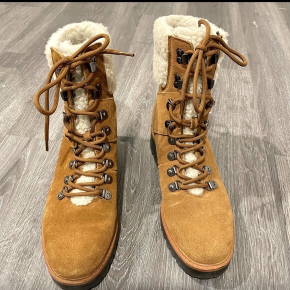 Marc Fisher Isalia Suede Lace Up Shearling Combat Boots Brown Tan 10 - Picture 5 of 8
